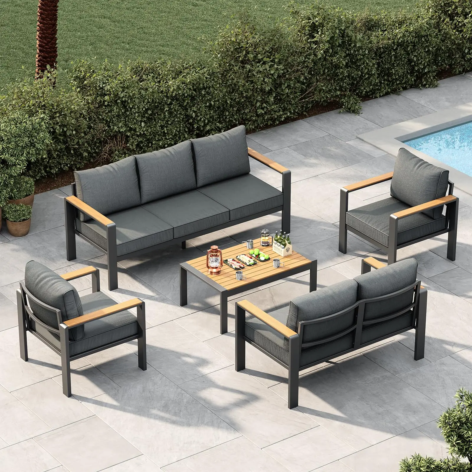 and  Aluminum Patio Furniture Sets Featuring Multiple Seating Options Including 7-Piece Sofa Sets, 3-Seat Sofas, Loveseats, and Single Cushioned Armchairs with Coffee Tables for Outdoor Use