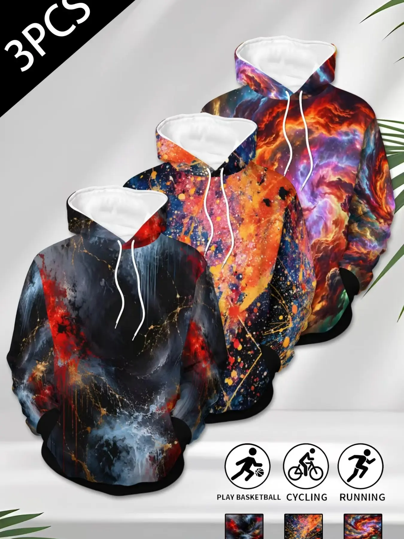 3-Pack Men's Nebula Art Full-Print Hoodies, Long Sleeve Fitted Pullover, Casual Streetwear, All Seasons, Raw Wash Design