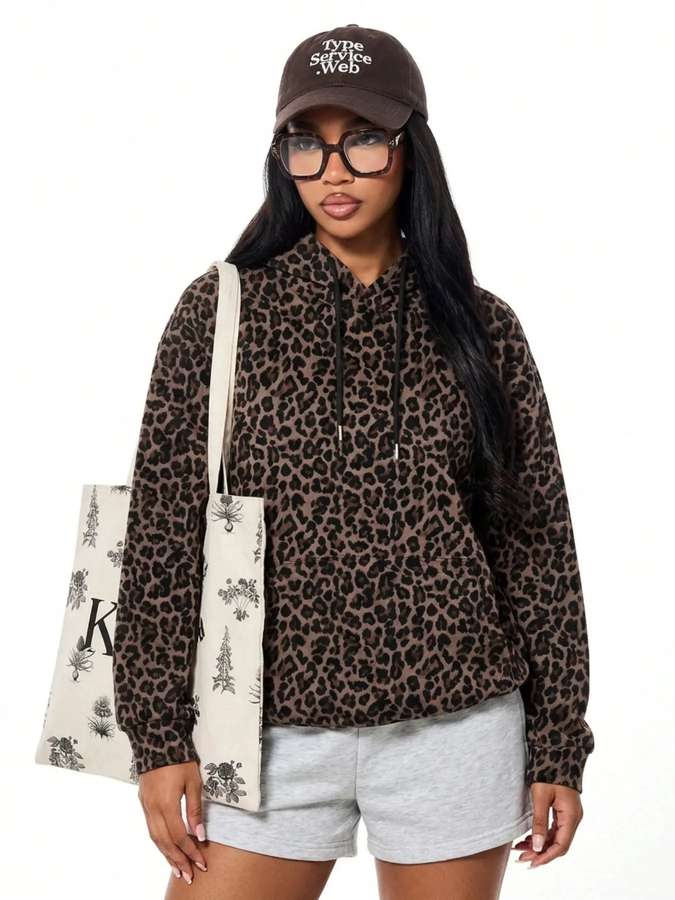 Y2K Women Dark Brown Leopard Print Cropped Hoodie Oversized Drop Shoulder Long Sleeve Drawstring Hooded Pullover Sweatshirt Vintage Grunge Streetwear Loose Crop Top For Shorts Jeans Matching Outfit