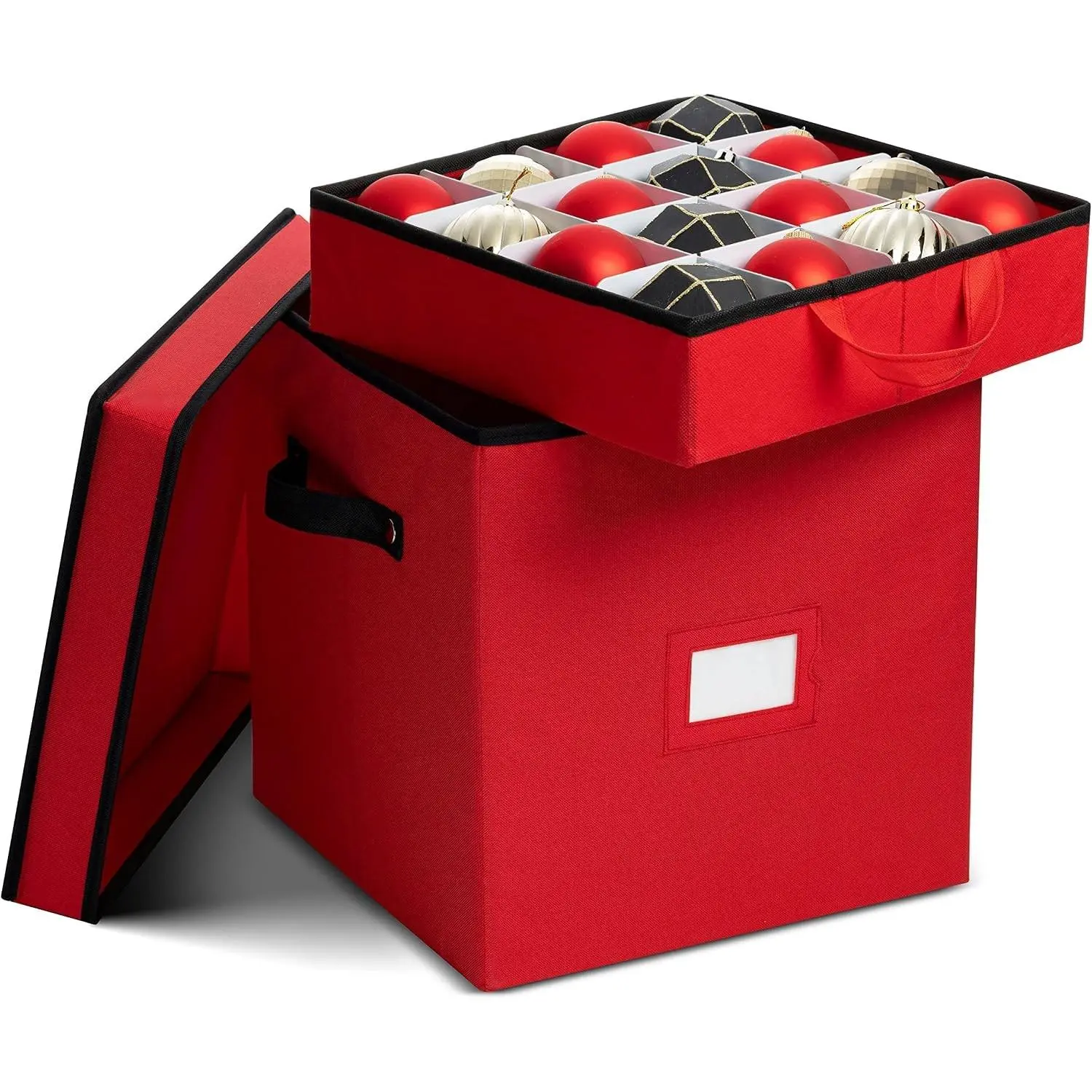 Christmas Ornament Storage Box - Stores 64 Ornaments - Non-Woven, Tear- Proof Christmas Ornament Storage Containers - 3 Inch Cube Compartments - Red