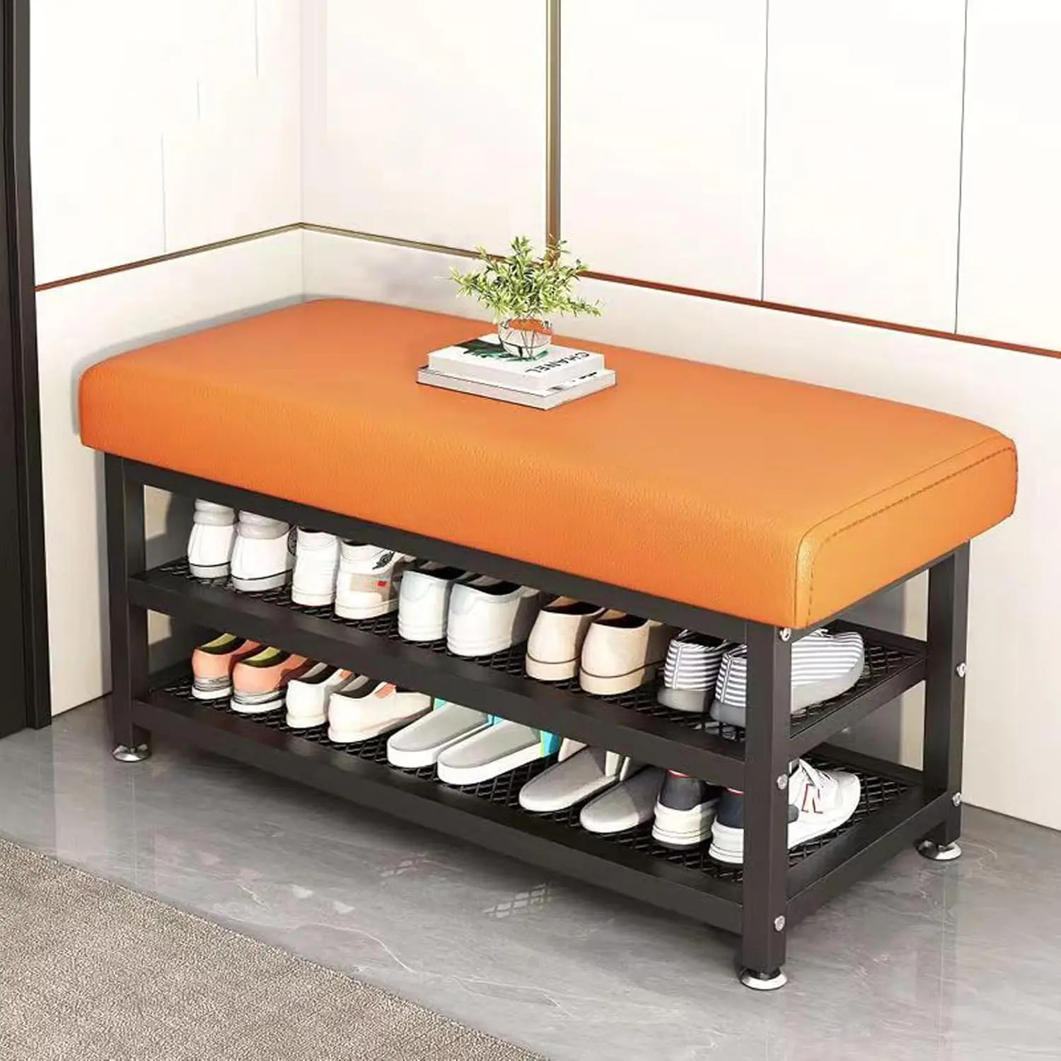 31.5 Inch Shoe Bench with Cushion, 3 Tier Metal Shoe Storage Rack, Orange & Gray Tech Fabric Padded Entryway Shoe Changing Stool Space Saving Hallway Footwear Organizer