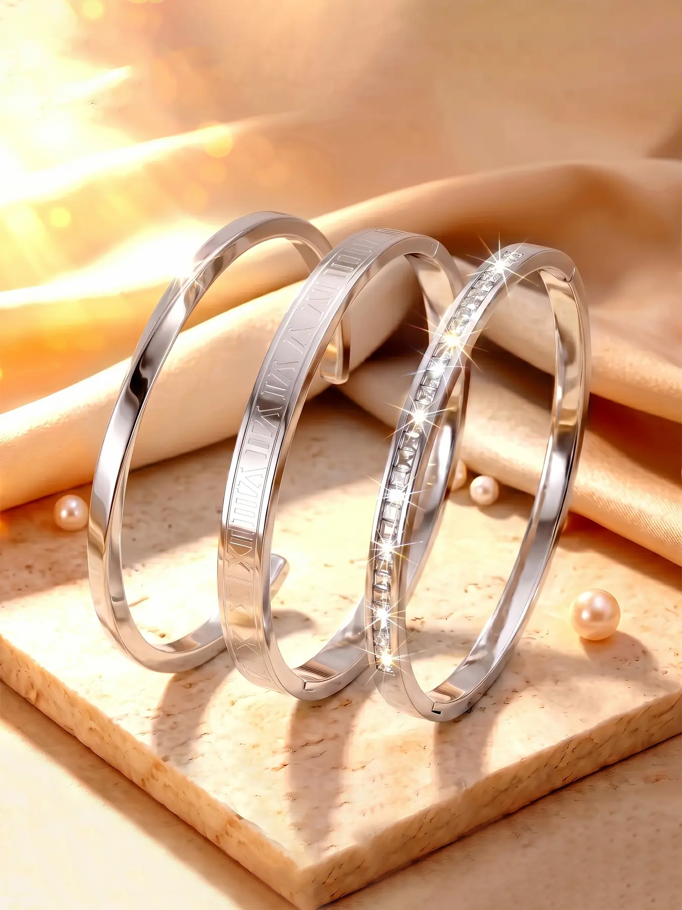 3pcs silver stainless steel plain ring Roman numeral diamond bracelet set, not easy to rust or oxidize, skin friendly, breathable, and hypoallergenic, suitable for neutral style wear, silver cold toned, white and versatile