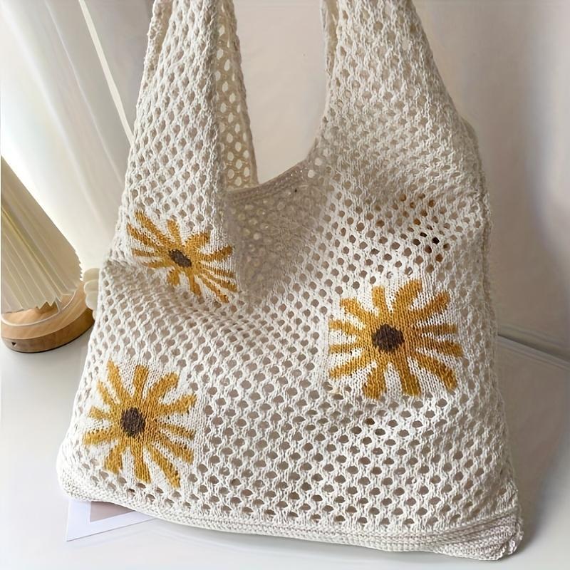 Crochet Shoulder Bag for Women with Floral Embossed Sunflower Design Beige Polyester Open-Top Tote Bag Spacious Bohemian Style Casual Handbag for Beach Outings 4 Seasons  Organiser