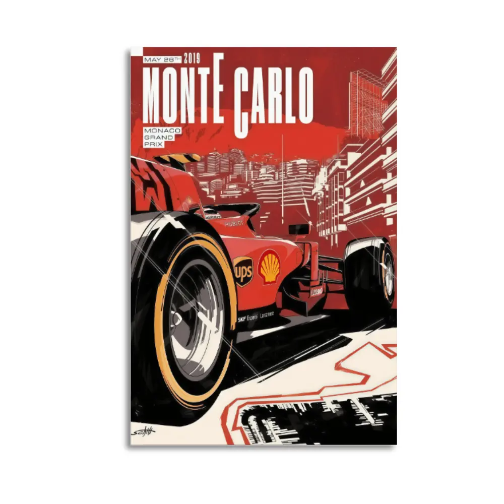 Ferrari F1 2019 Monte Carlo Monaco Grand Prix Vintage Racing Art Poster - Lightweight Boxed Home Supplies Print, Indoor Decoration, Ideal Gift (New Product Launch), Indoors
