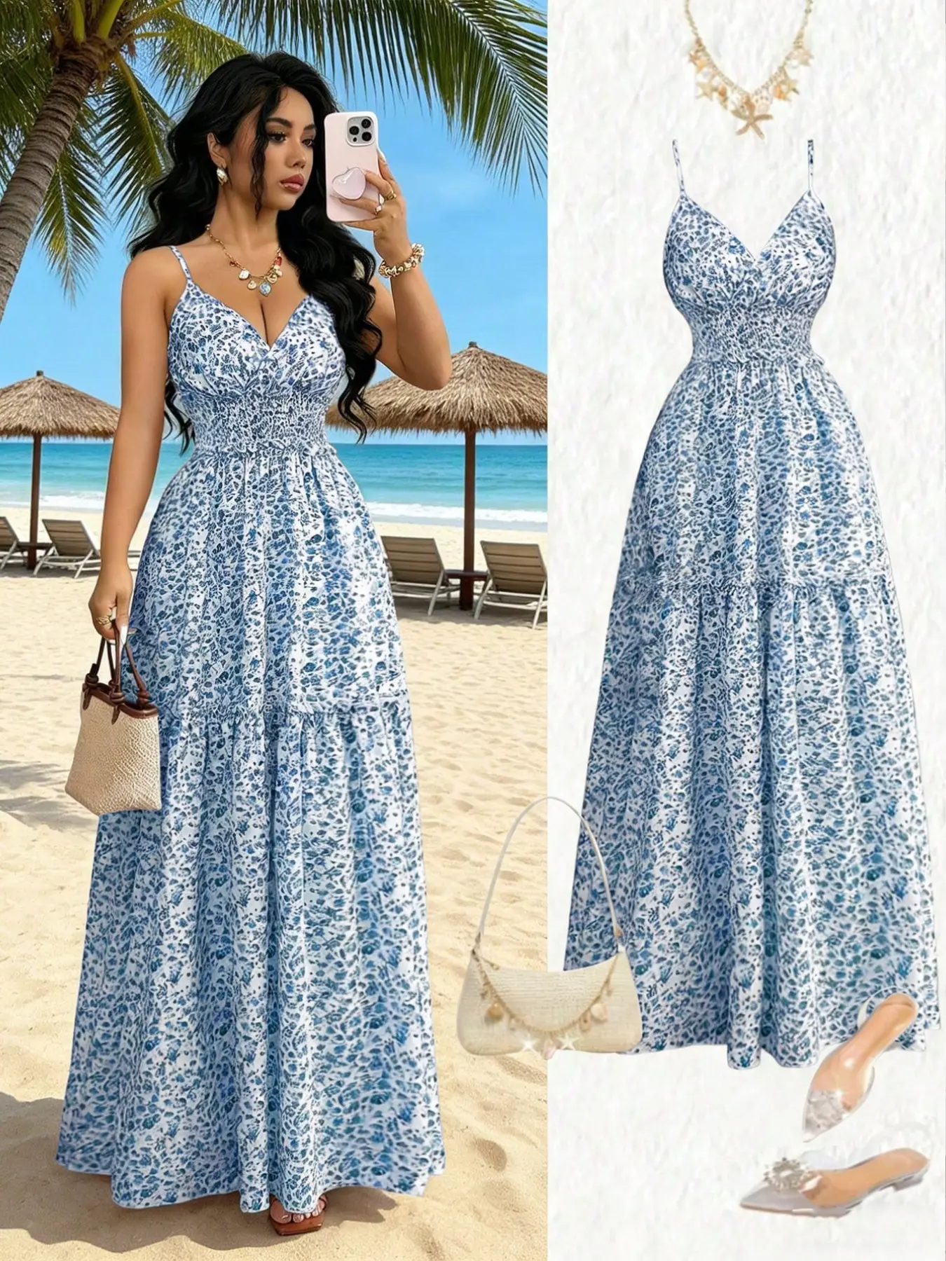 New Elegant Strapless Floral Print Bohemian Long Dress, Youthful Vacation Style, Waist Tie Design, Women's Fashionable Summer Dress