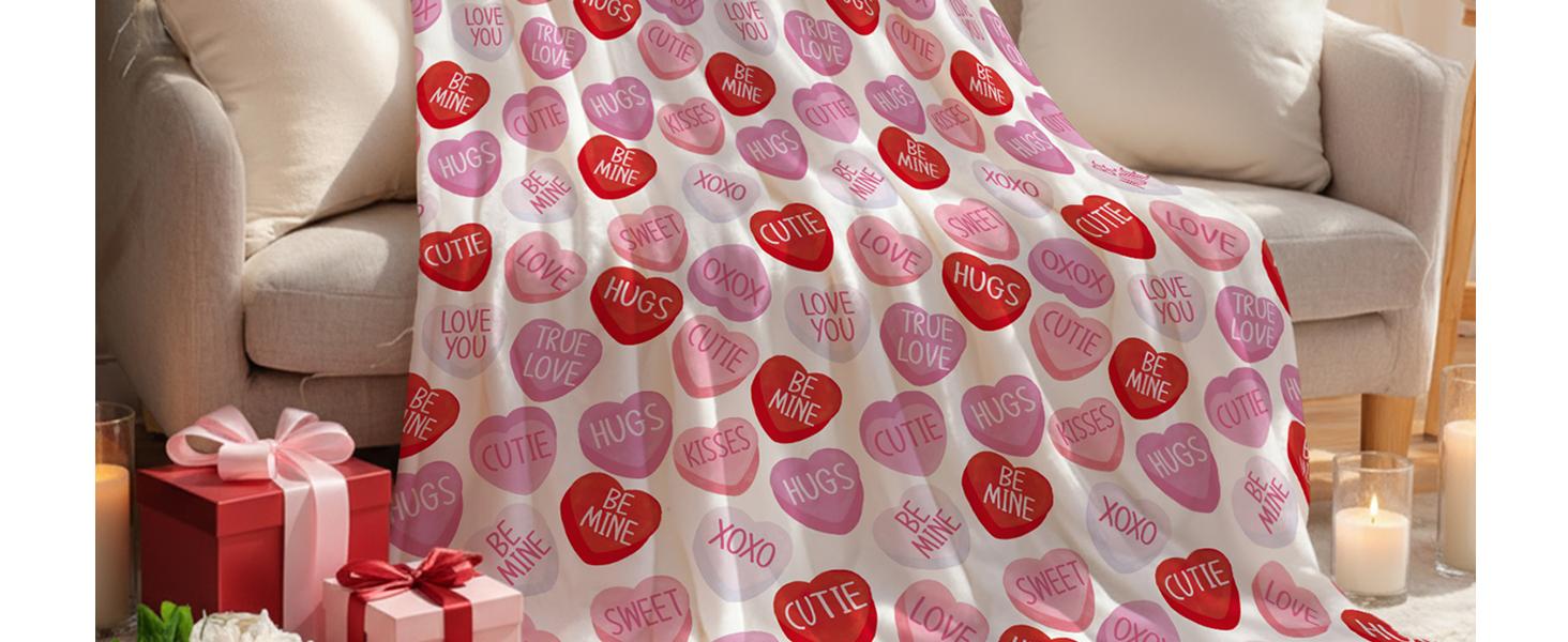 Valentine Flannel Blanket Throw, Pink Hearts with Words Soft Fuzzy Plush Cozy Fleece Blankets for Couch Sofa Bed Lounging, Ideal Gifts for Kids Adults Wife Self, 50x60