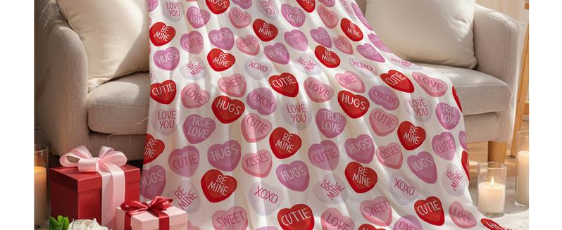 Valentine Flannel Blanket Throw, Pink Hearts with Words Soft Fuzzy Plush Cozy Fleece Blankets for Couch Sofa Bed Lounging, Ideal Gifts for Kids Adults Wife Self, 50x60