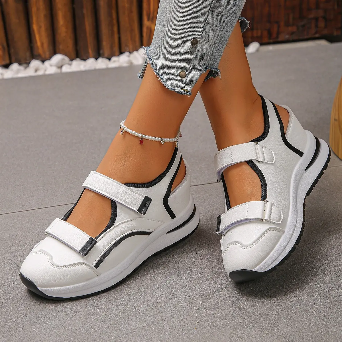 Women Hollow Out Wedge Sneaker Sandals, Breathable Hook & Loop Platform Walking Shoes, Color Block Casual Outdoor Shoes