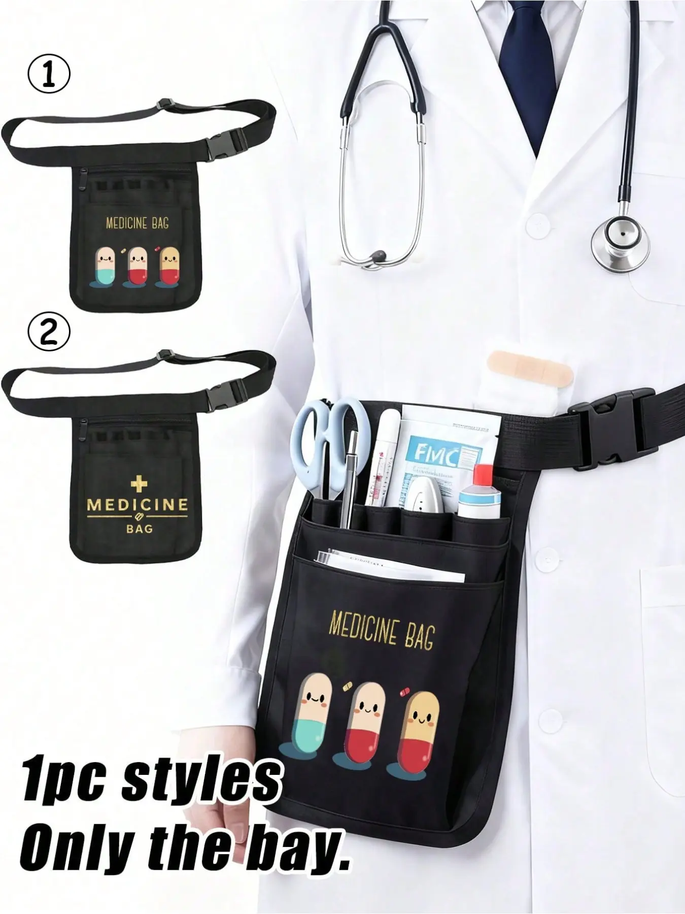 Cartoon Pill Print Multi-Purpose Tool Bag Polyester foldable multi-compartment bag with fixed strap, sturdy & durable for nurses, vets and medical staff. Multiple colors available. Great holiday & birthday gift for doctors, nurses and teachers.