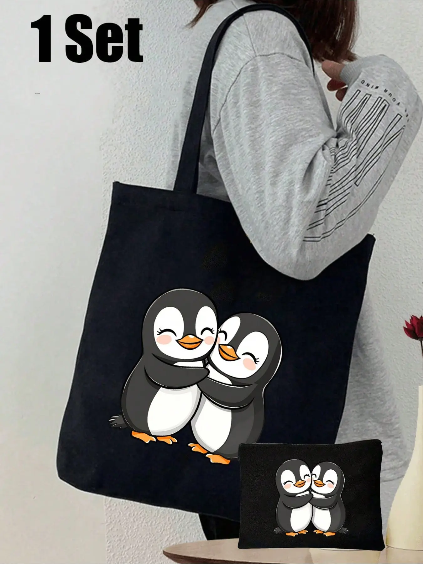 2 Piece Penguin Pattern Handbag Set, Fashion Shopping Bag with Zipper Makeup Pouch, Reusable Travel Bag for Holidays, Beach, Gifts