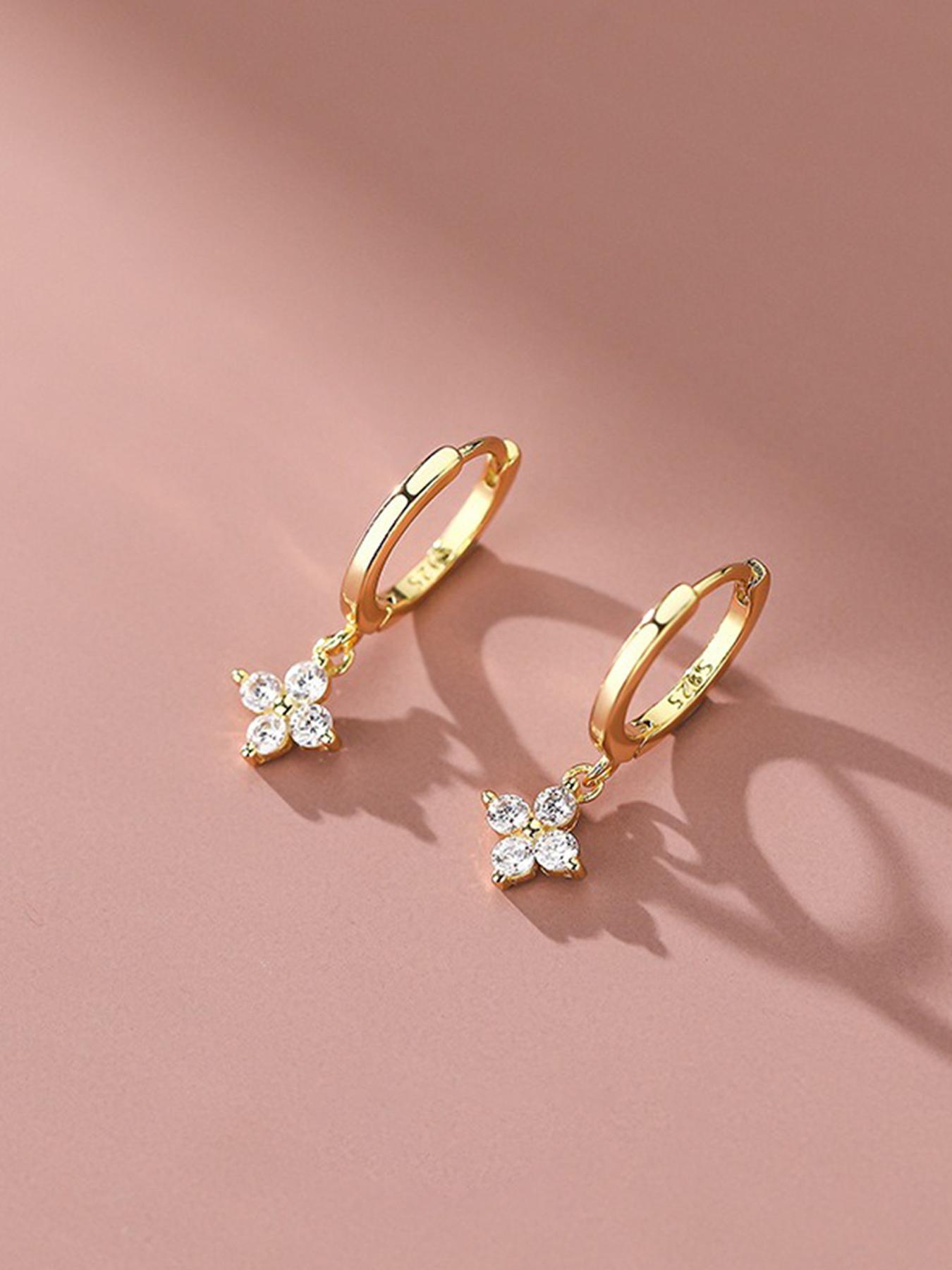 S925 Sterling Silver Four Leaf Clover Rhinestone Design Earrings, Fashionable Earrings for Women, Trendy All-match & Exquisite Jewelry for Birthday Gift