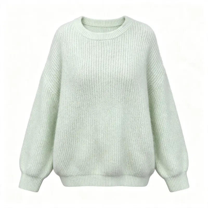Women's Crew Neck Knit Sweater, Oversized Soft Fuzzy Faux Mink Knit Pullover, Casual Loose Lazy Style Long Sleeve Knit Top for Fall Winter Daily Outfits