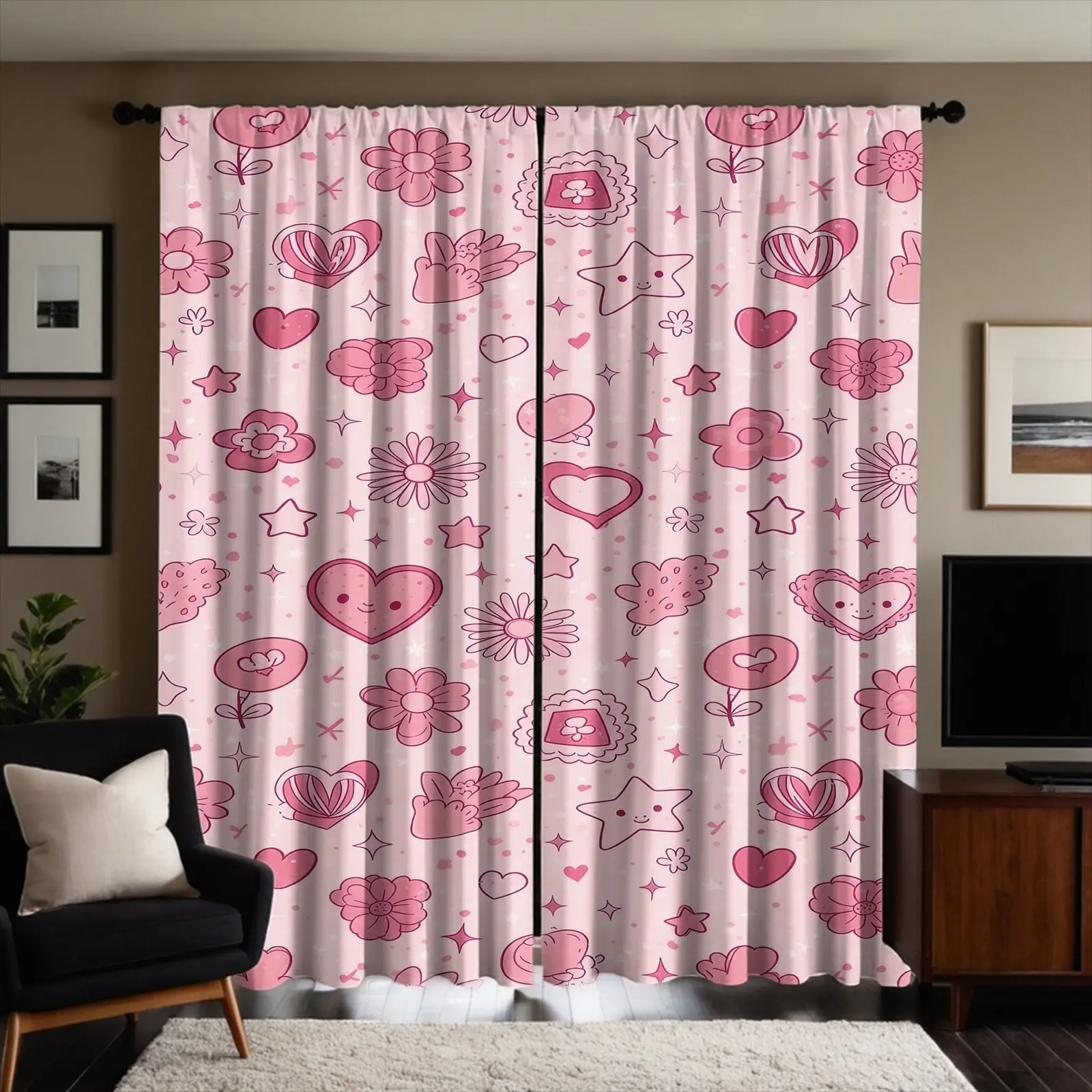 2 Panels Pink Coquette Heart Floral Rod Pocket Light Filtering Curtains, 50% Light Block Brushed Fabric Single Side Printed Window Drapes, Ideal Valentine Home Decor Gift for Teen Girls & Couples