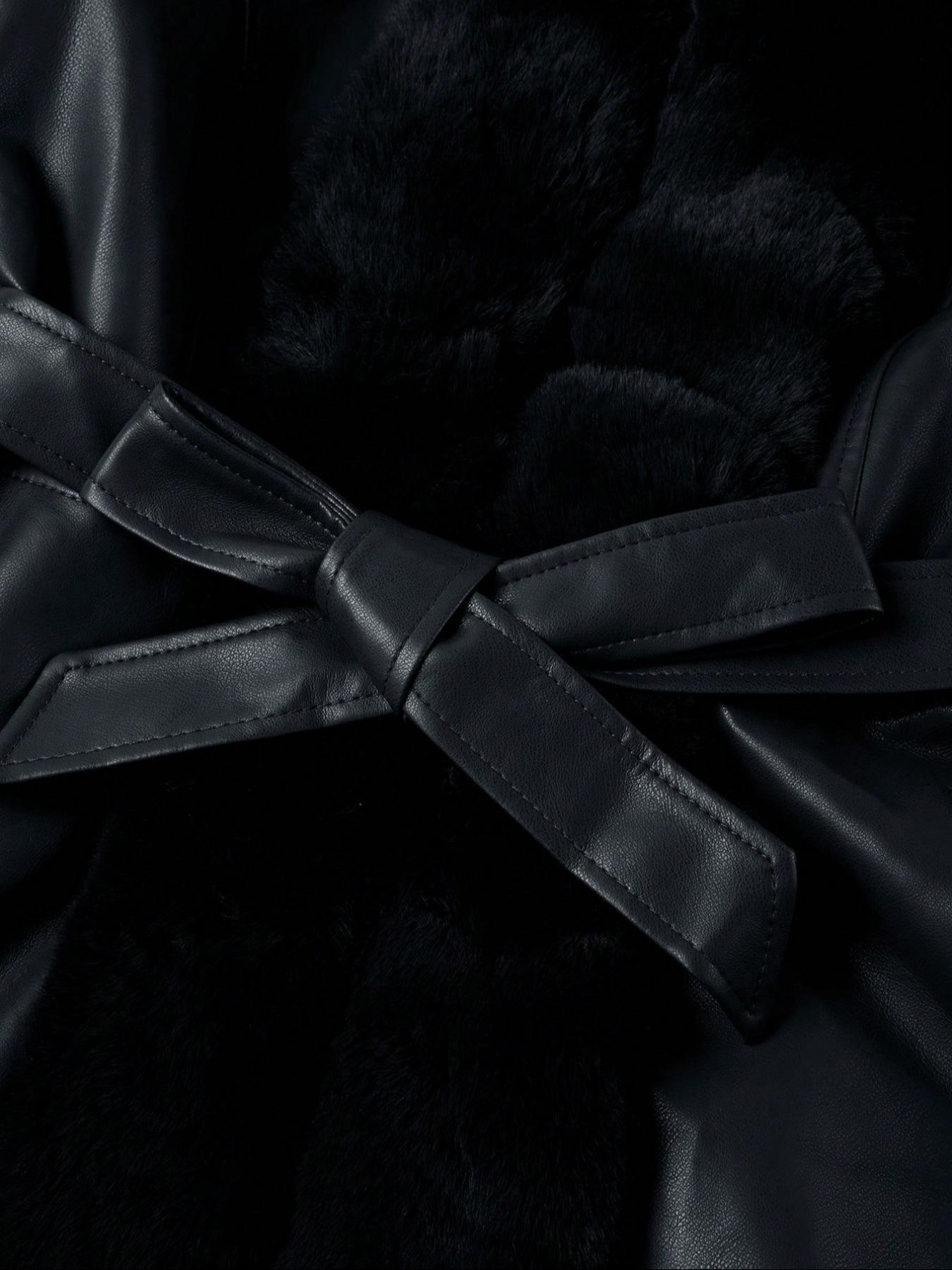 Giolshon Women's Fall & Winter PU Long Jackets, Warm Casual Hooded Fitted Coats with Detachable Belt and Faux Fur, Everyday Stylish Aesthetic Outerwear