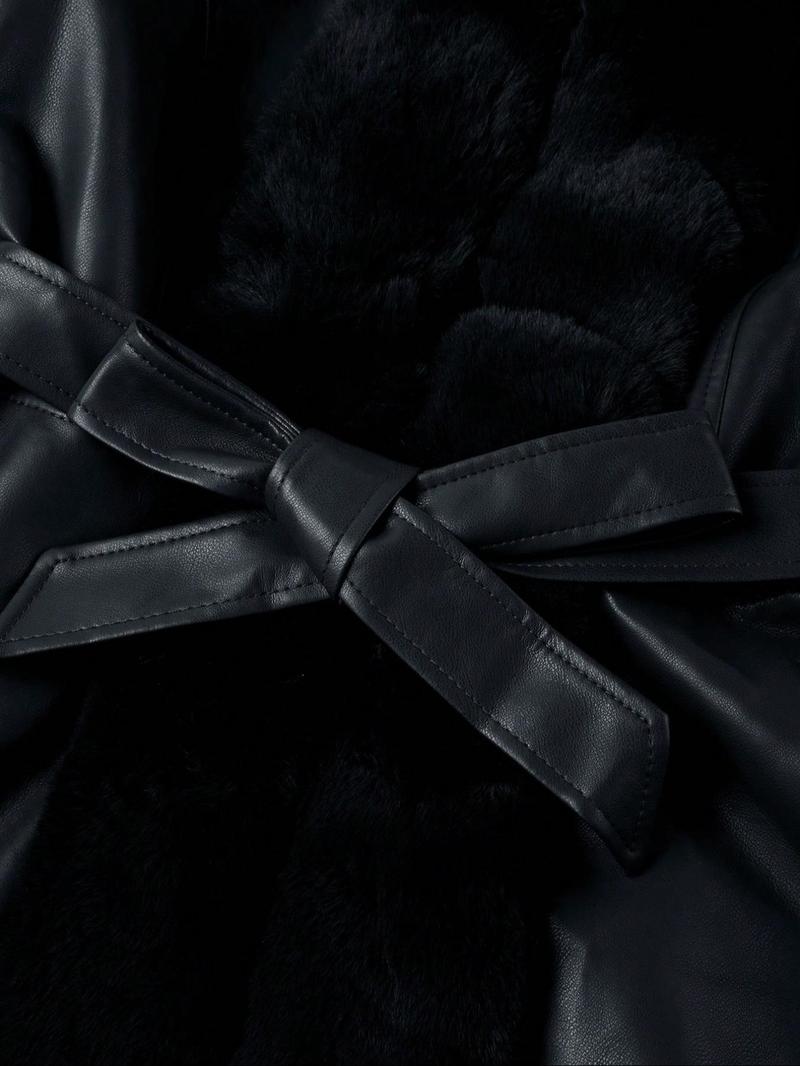 Giolshon Women's Fall & Winter PU Long Jackets, Warm Casual Hooded Fitted Coats with Detachable Belt and Faux Fur, Everyday Stylish Outerwear