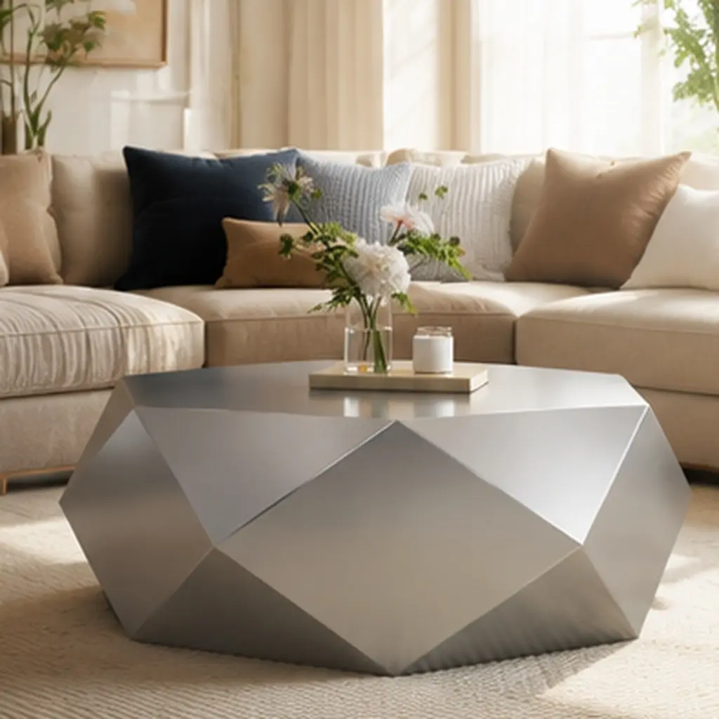 ARCH Modern Stainless Steel Coffee Table Geometric End Table for Living Room Bedroom Office No Assembly Silver Hexagonal Diamond Shape Compact Side Table Easy Clean 34.7x39.4x14.2 Inches, Silver Color Options, Stainless Steel Material
