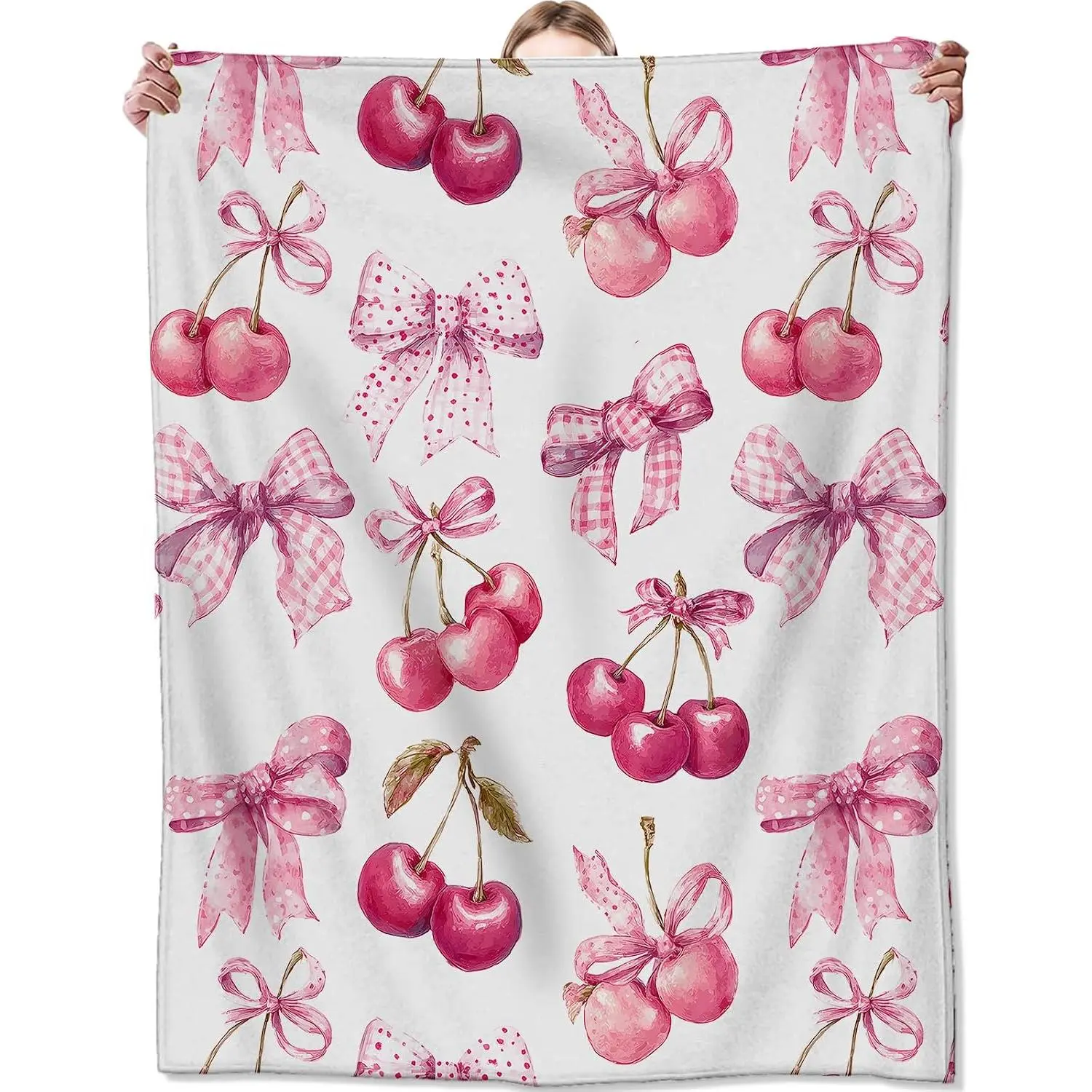 Sweet Cherry Fleece Blanket, Soft Throw with Bow Illustration, Lightweight Cozy Blankets for All Seasons, Cute Romantic Home Decor and Gifts for Women and Fruit Lovers
