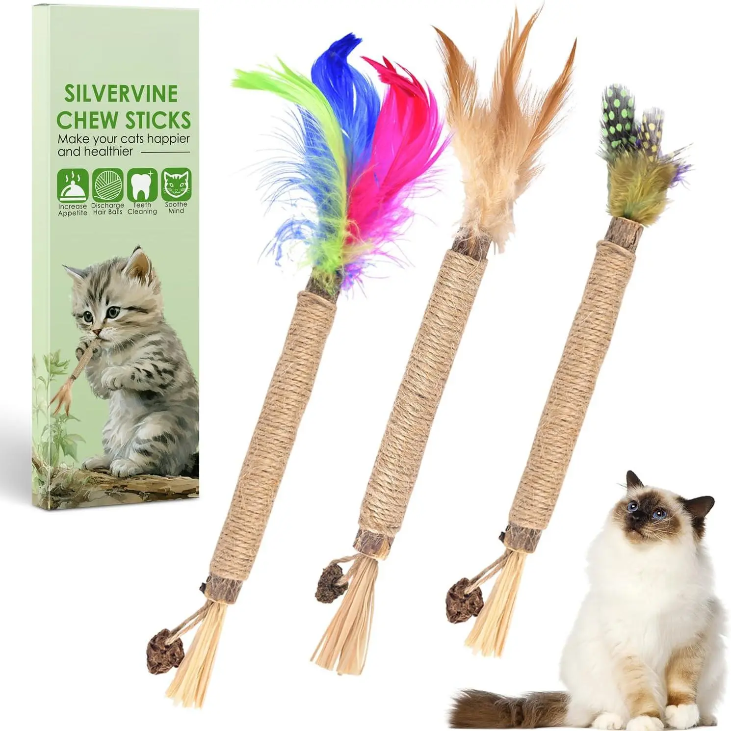 3 Pack Silvervine Sticks for Cats, Natural Matatabi Catnip Chew Toys for Kittens and Indoor Cats, Interactive Dental Chew Sticks, Cat Enrichment Toys for Aggressive Chewers