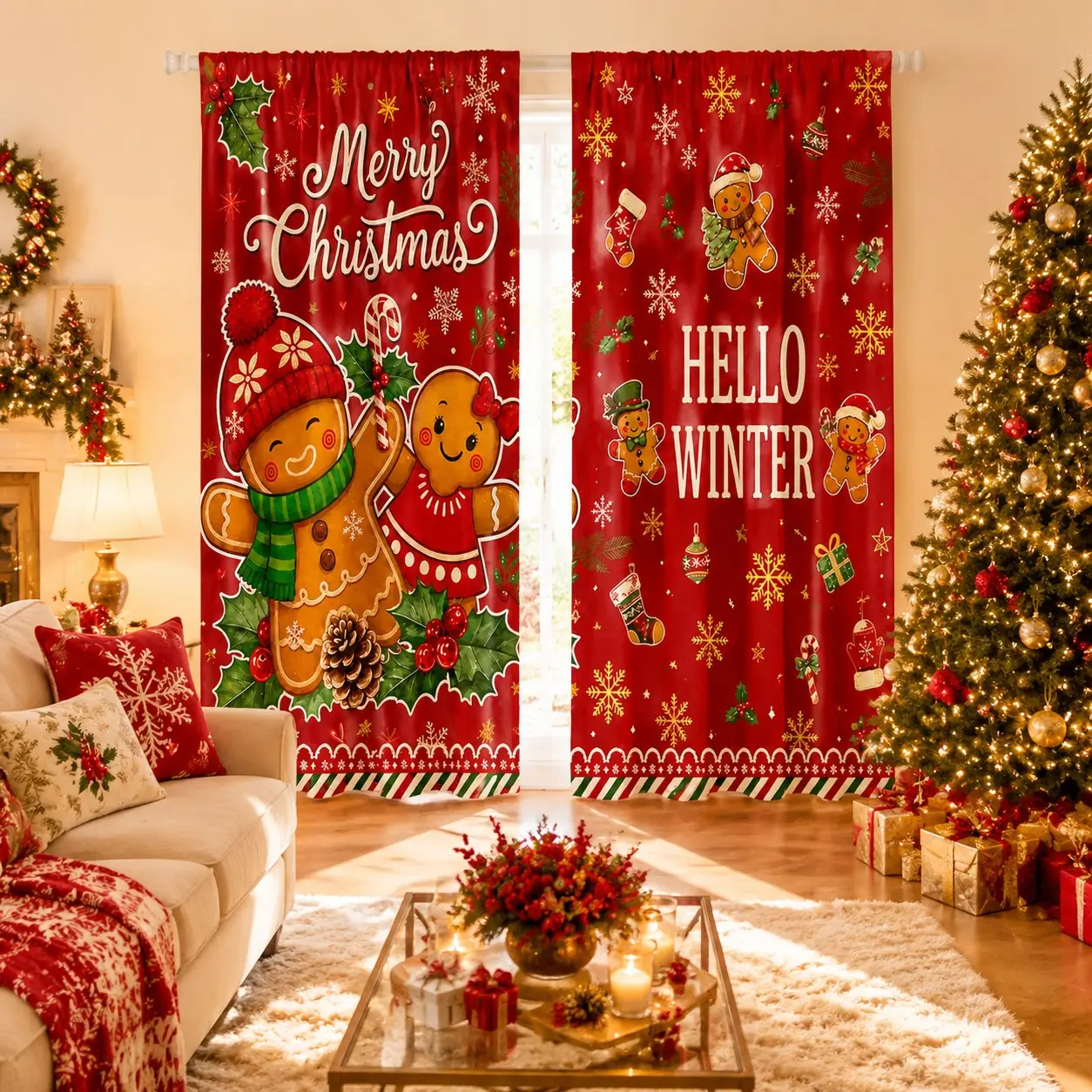 2 pieces of high-definition digital festive gingerbread man Christmas printed curtains, semi-transparent for privacy protection, fade-resistant, machine washable and hand washable, suitable for bedroom and living room home decoration