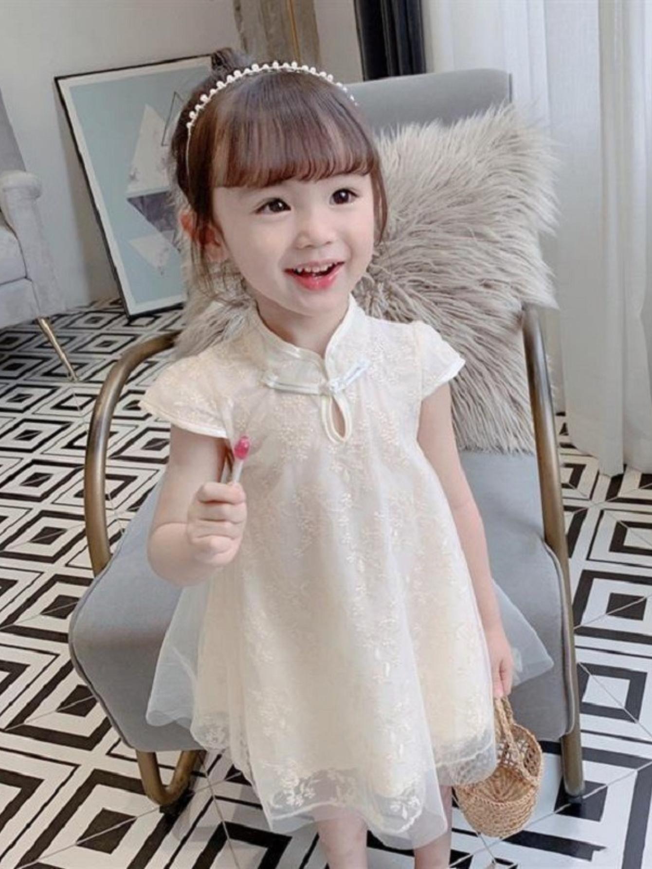 NewGirls' Clothing New Chinese Style Cheongsam Mesh Dress Summer Clothing Cheongsam Dress Princess Dress Loose Girl Dress, Simple and Generous Fashion Classic Casual Versatile, Outdoor Activities, as Gifts, Daily Parties