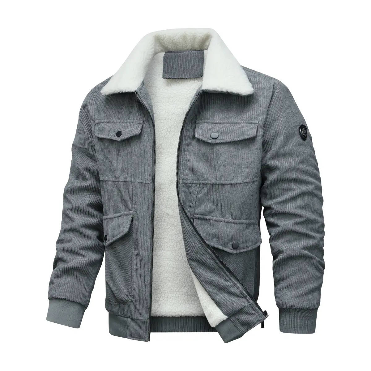 Men's corduroy jacket with velvet lining, plush lapel winter thick workwear jacket, multi pocket zipper buckle combination design, brown/black/gray color options, warm jacket for cold weather, suitable for daily travel and outdoor scenes.
