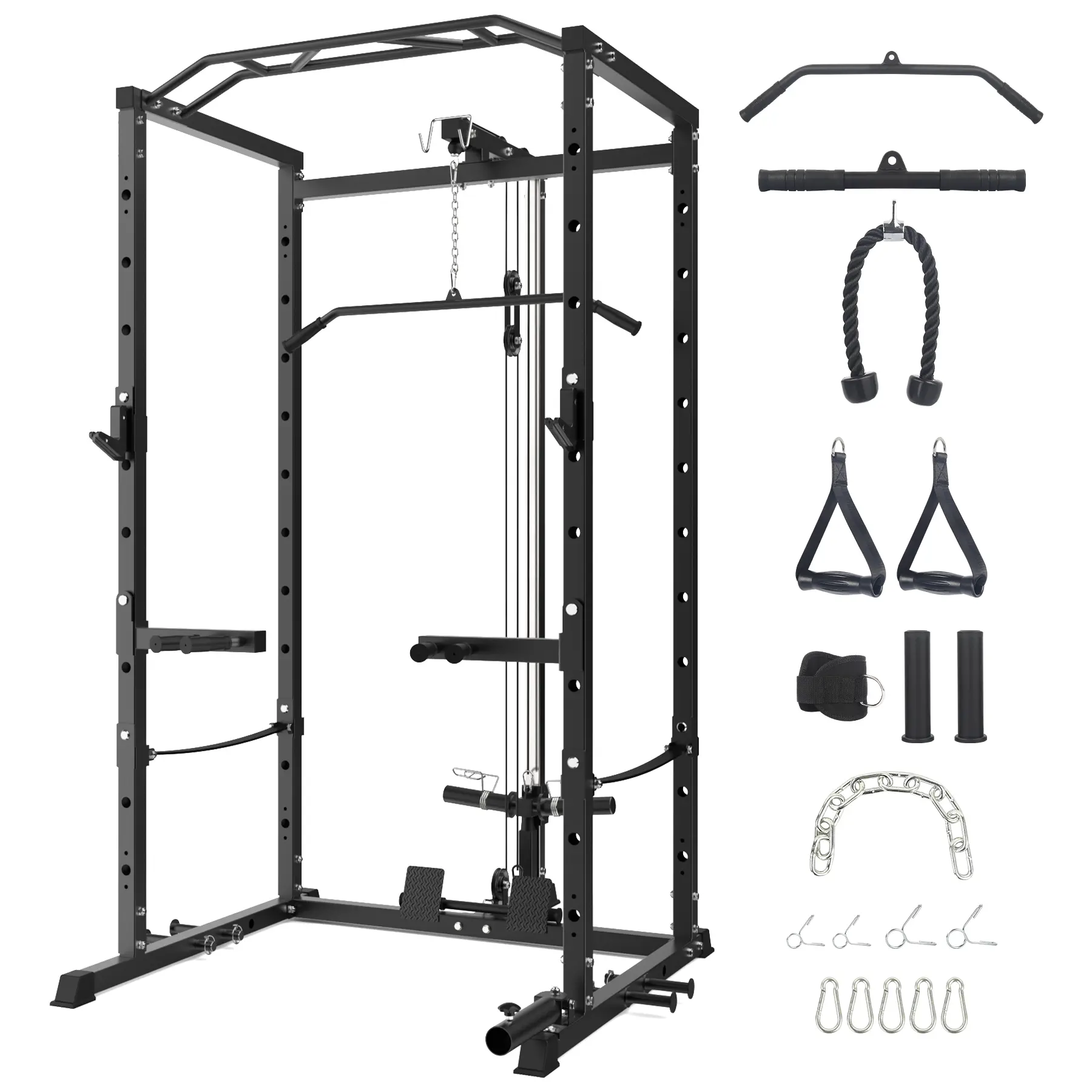 Power Cage, Multi-Function Squat Rack with LAT Pulldown, 1600 LBS Weight Capacity Fitness Power Rack with Cable Pulley System and j-Hooks, Dip Bars and Landmine Attachment, Weight Cage for Home Gym Equipment(2 Boxes)