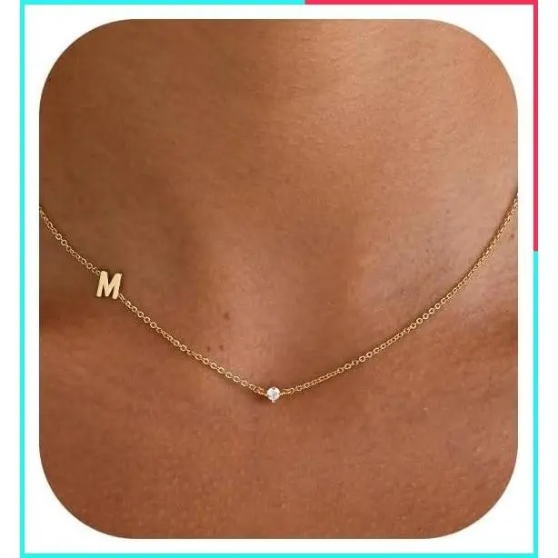 14K Gold Plated Dainty Sideways Initial Letter Necklace for Women, Personalized Simple Initial Choker Jewelry Gift