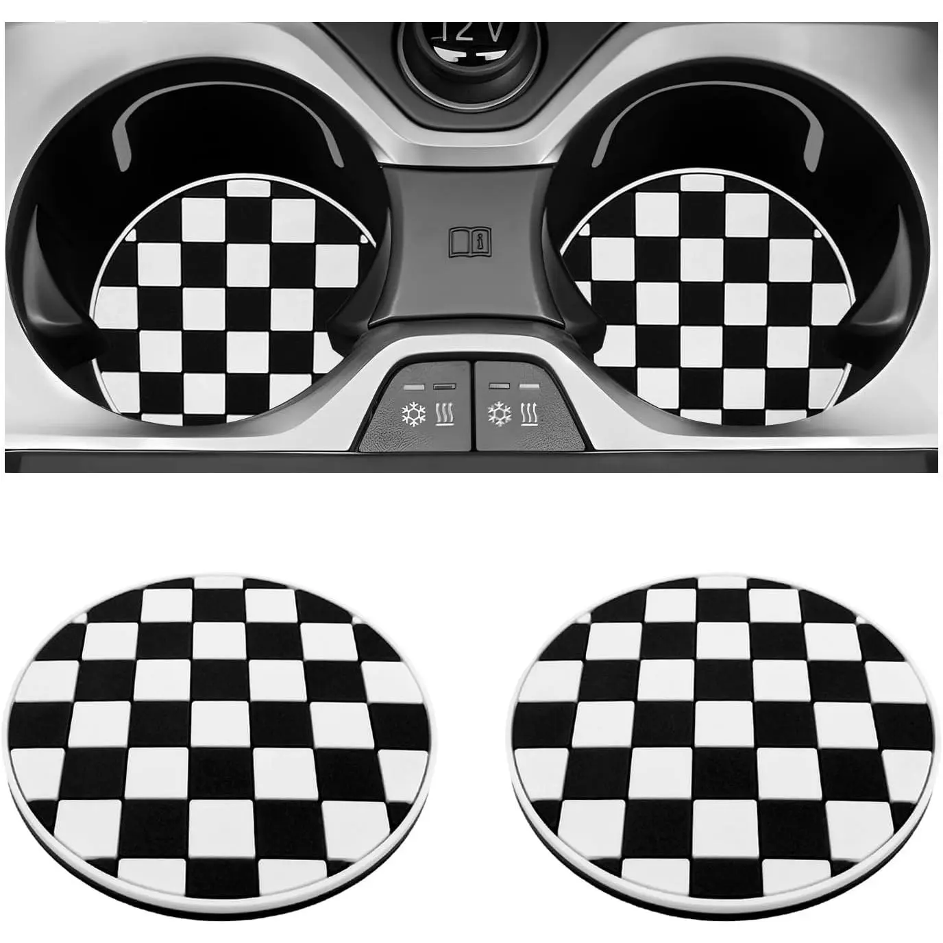 2 count  Cup Coasters, 2.76 Inch Shockproof Auto Cup Holder Insert Coaster Checkered Drink Mat, Anti-Slip  Water Bottle Pad Stylish Grid Decoration for   (Checkerboard)