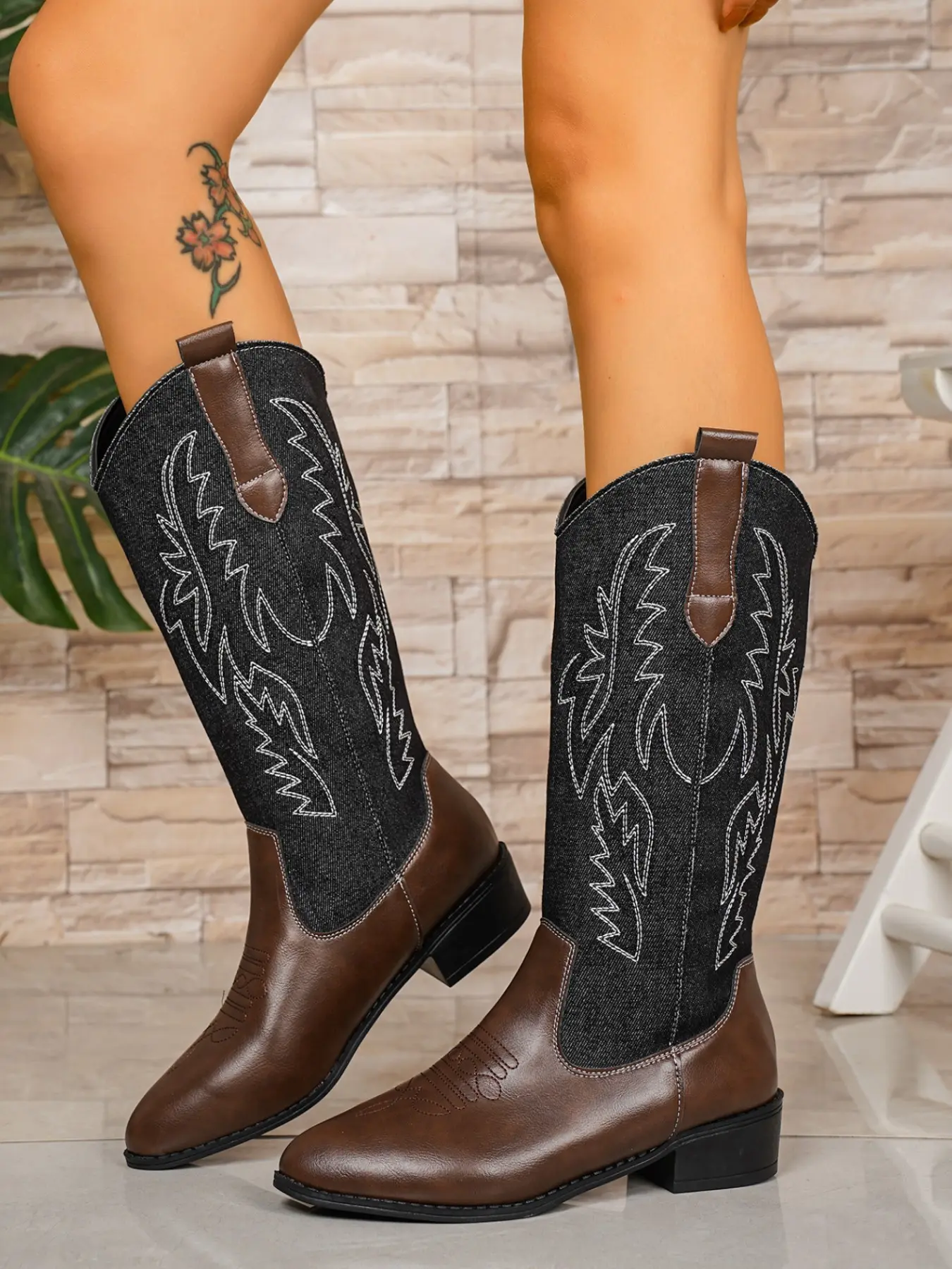 Vintage Patchwork Denim Embroidered Western Cowboy Mid-Calf Boots for Women, Chunky Heel Pointed Toe Durable Versatile Knight Boots
