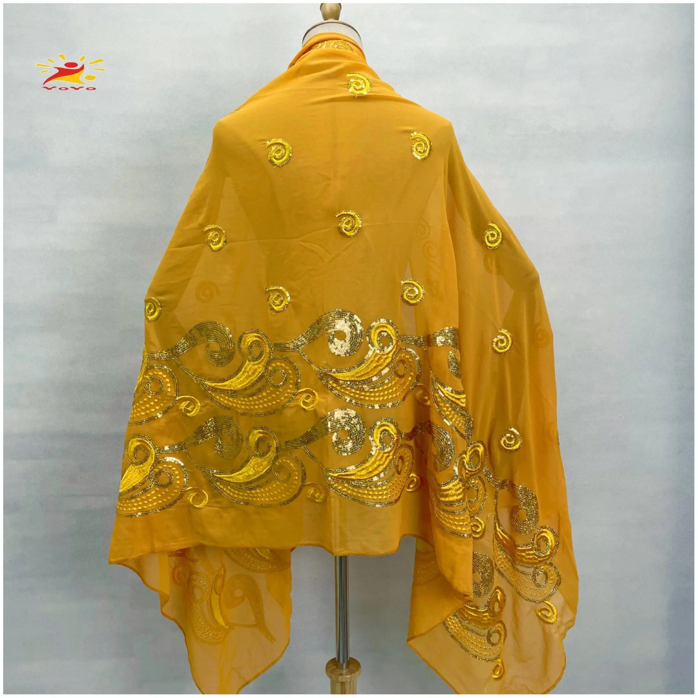 African Fashion Muslim Scarf Turban Women Medium Size Sequin Embroidery Chiffon Islamic Hijab Pashmina Embroider Ramadan Dubai