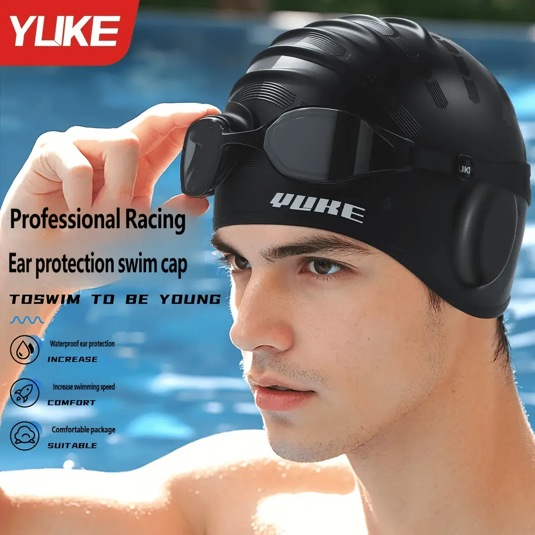 Yuke Swim Cap for Men with Extended Head Circumference, Ear Protection Silicone Cap for Adults and Women, Non-Constricting Swimming Cap, Swimming Gear, Anti-Slip Durable Dual Ear Coverage Design
