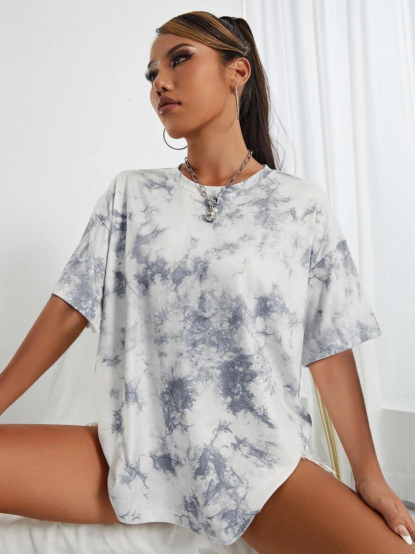 Women's Tie Dye Print Drop Shoulder Tee, Street Fashion Casual Short Sleeve Round Neck T-Shirt for Summer, Ladies Clothes for Daily Wear