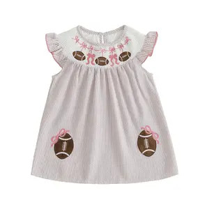 Toddler Baby Little Girl Summer Dress Flying Sleeve Football Bow Embroidery A Line Striped Dress 1-5 Years