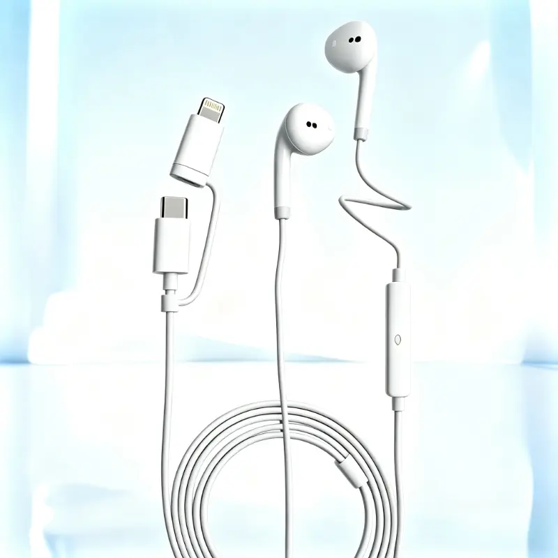 Dual Port Wired Earbuds With Type-C Lightning Connector 2-in-1 Design  Mic Handsfree Call In-line Remote Control Music Headphones