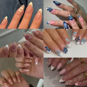 144 Almond Press-On Nails, Medium Length, 3D Petal Design, Flower Nails, Acrylic Material, Steel Bead Decor, Ideal for Women and Girls, Daily Use