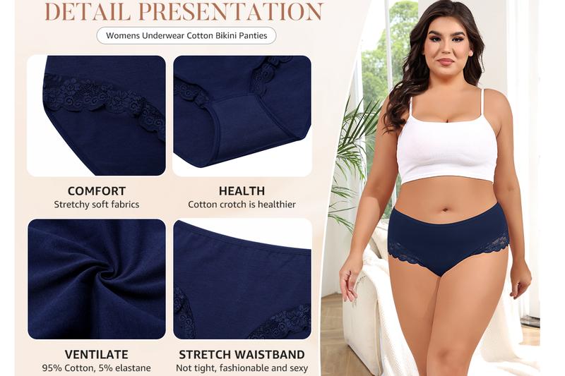 LEVAO Womens Underwear Cotton Cheeky Bikini Plus Size Lace Hipster Panty Stretch Full Briefs 6 Pack L-4XL