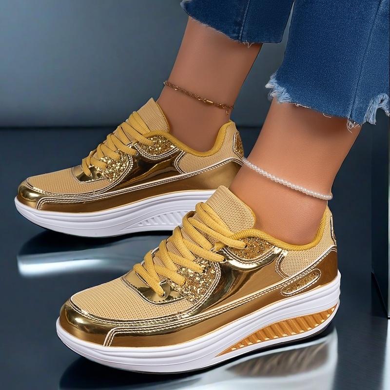 Women's Glittery Golden & Yellow Sneakers - Lightweight, Breathable Mesh Upper, Comfortable EVA Sole for Walking, Running, Yoga & Casual Wear