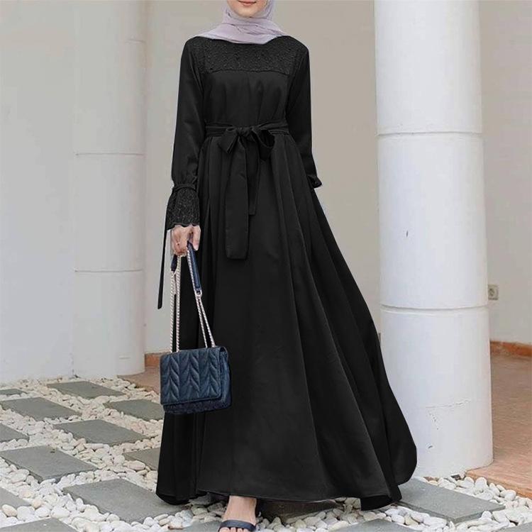 Creative and Elegant Muslim Women'S Long-Sleeved A-Line Dress |   Solid Color Patchwork, Four-Way Stretch, Tie Front Detail, Perfect for Spring, Summer, Autumn Casual Wear