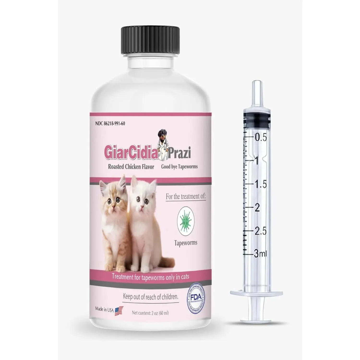 No More Tapeworms in Cats and Kittens- Dewormer for Cats and Dewormer for Kittens - 60mls Chicken Flavour with 3ml Dropper-USA Made Oral Suspension