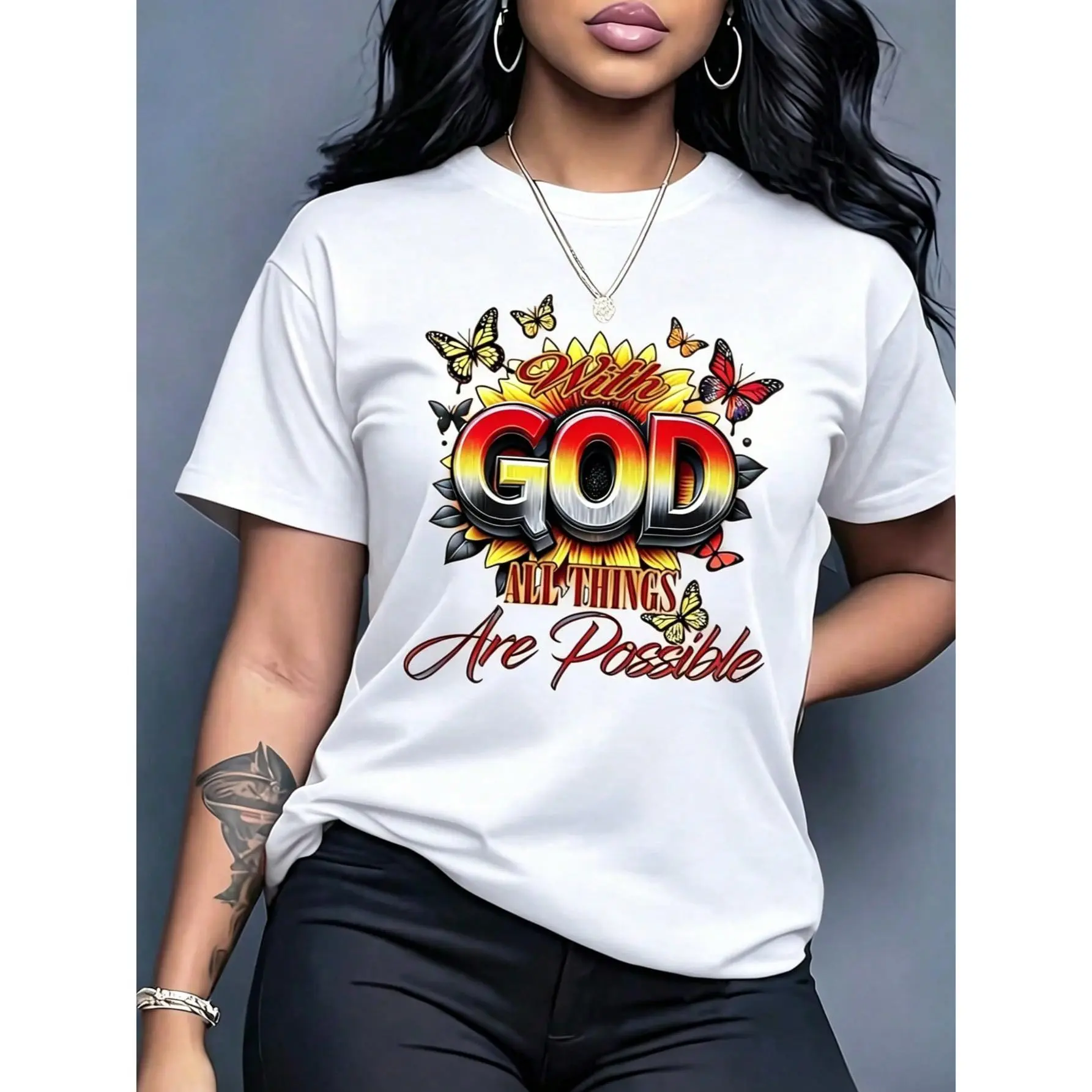 Women'S Casual Flame And Butterfly Print Lightweight T-Shirt, Crew Neck Short Sleeve Tops For Summer, Summer Vacation Clothing, Suitable For Festival & Daily Wear