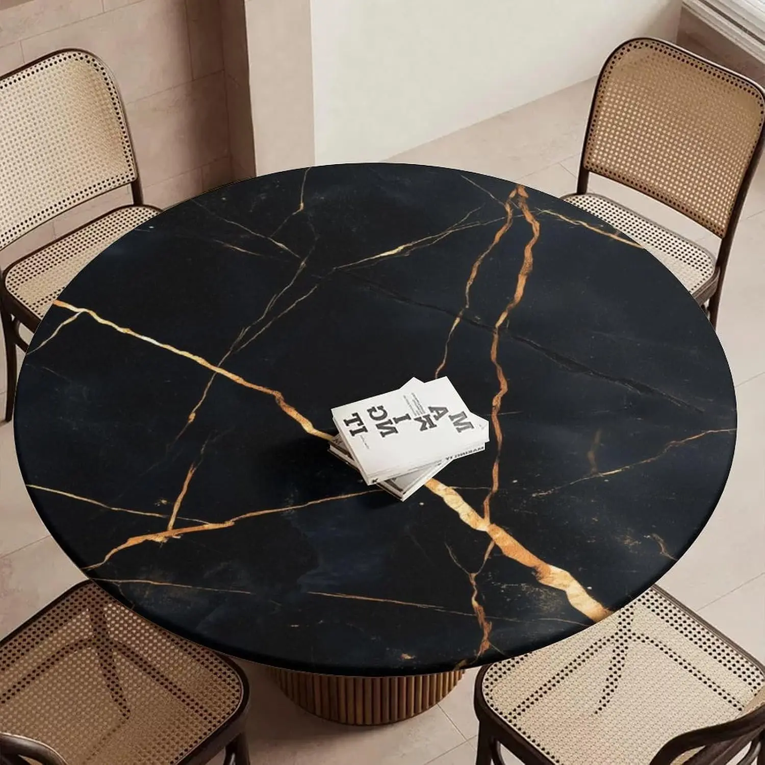 Black Marble Round Fitted Polyester Tablecover, 45"-50" Elastic-Edged, Waterproof Wipeable Classic Table Cover for Outdoor Picnic
