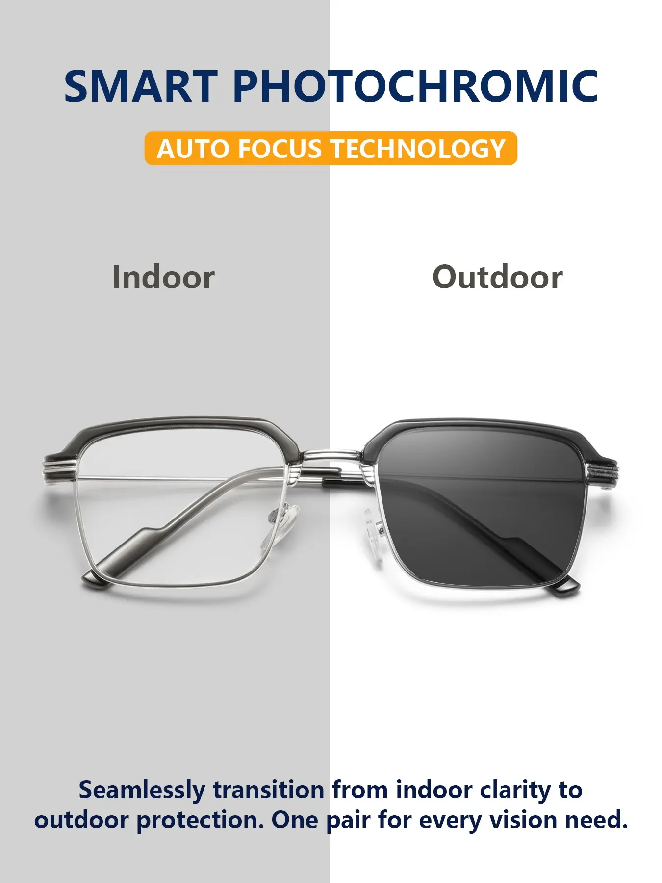 Men's Metal Plastic Frame Half-Frame Transitions Photochromic Glasses, Japanese Korean Style, Casual Fashion Eyewear, All Seasons, Trending Glasses