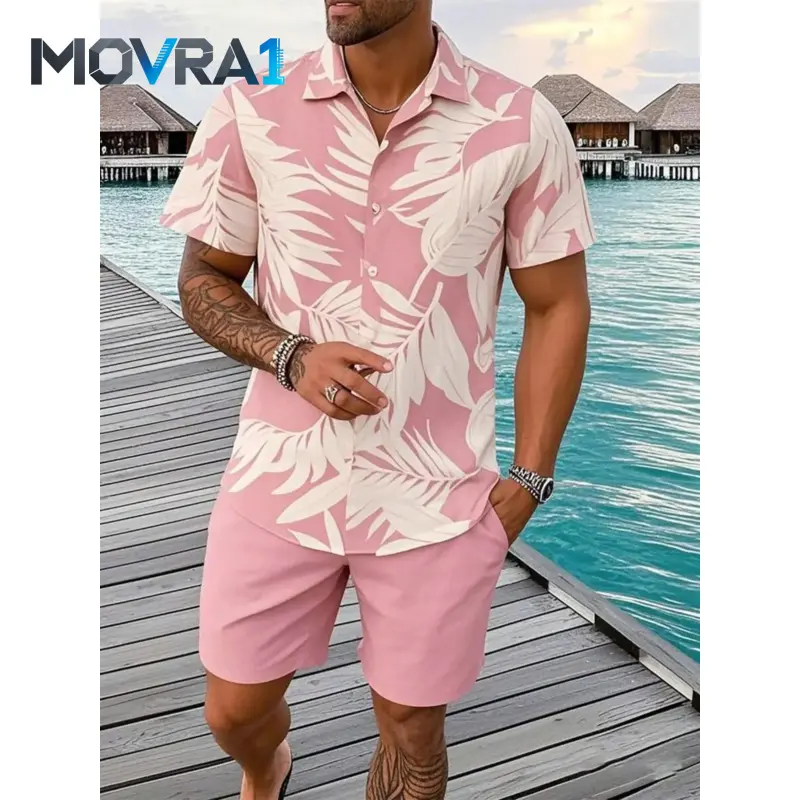 MOVRA1 Men's 2-Piece Vacation Clothing Set, Breathable All Over Tropical Print Short Sleeve Shirt & Shorts, Machine Washable Beach & Casual Outdoor Wear, Shirts, Menswear, All Over Print