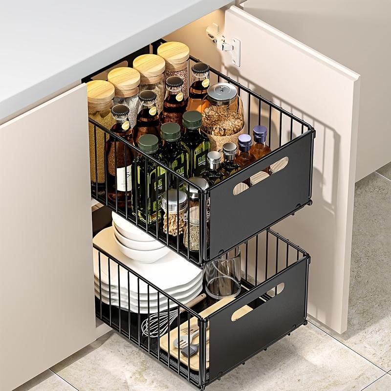 Pull Out Cabinet Storage Box, 2pcs Heavy-duty Sliding Drawer Food Cabinet Rack Fixed with Strong Glue And Handle, Suitable for Kitchen, Living Room, Bathroom, And Home Use