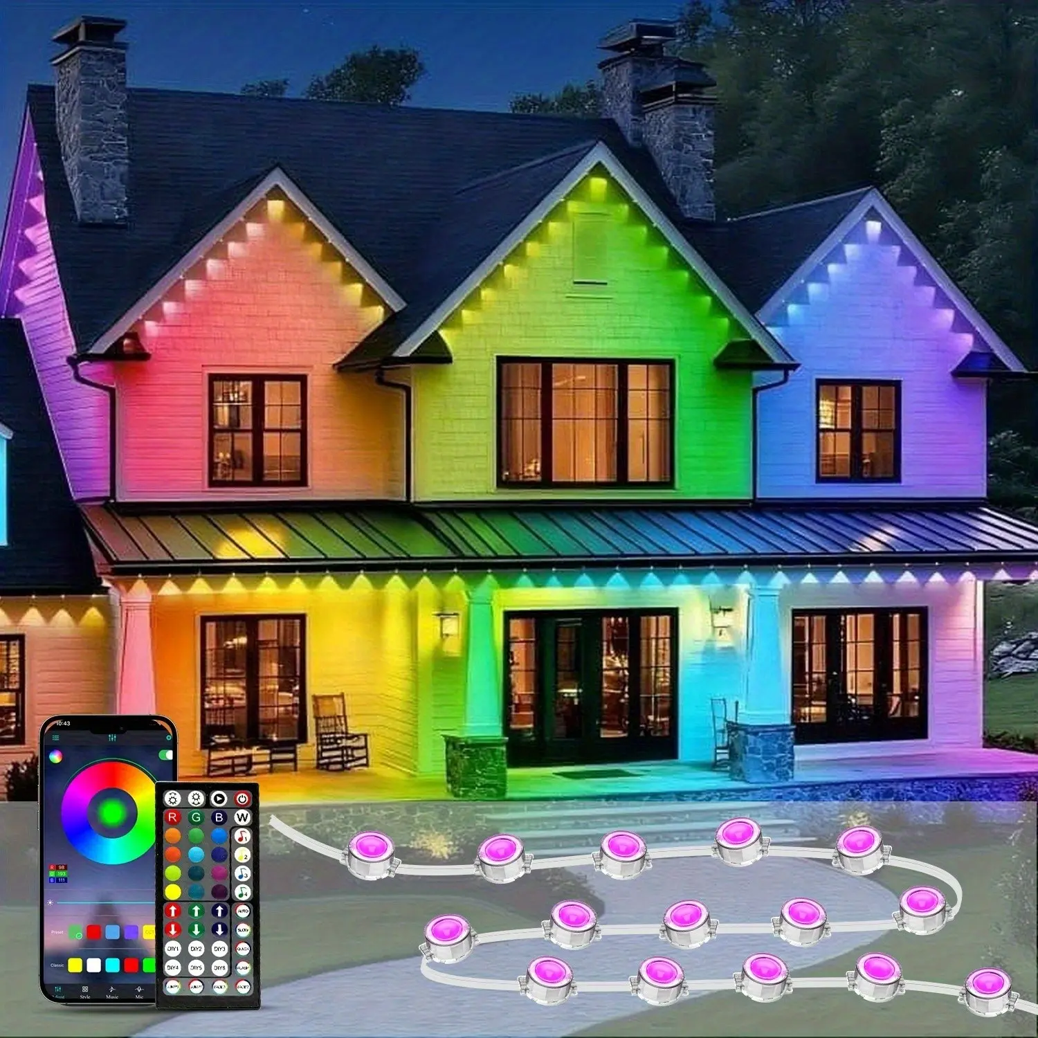 15ft/50ft/100ft 200ft/300ft/500ft Permanent Outdoor Lights, RGB LED Eaves Lights with APP/Remote Control, IP67 Waterproof LED Outdoor String Lights for Christmas, Halloween, Indoor, Outdoor Decor