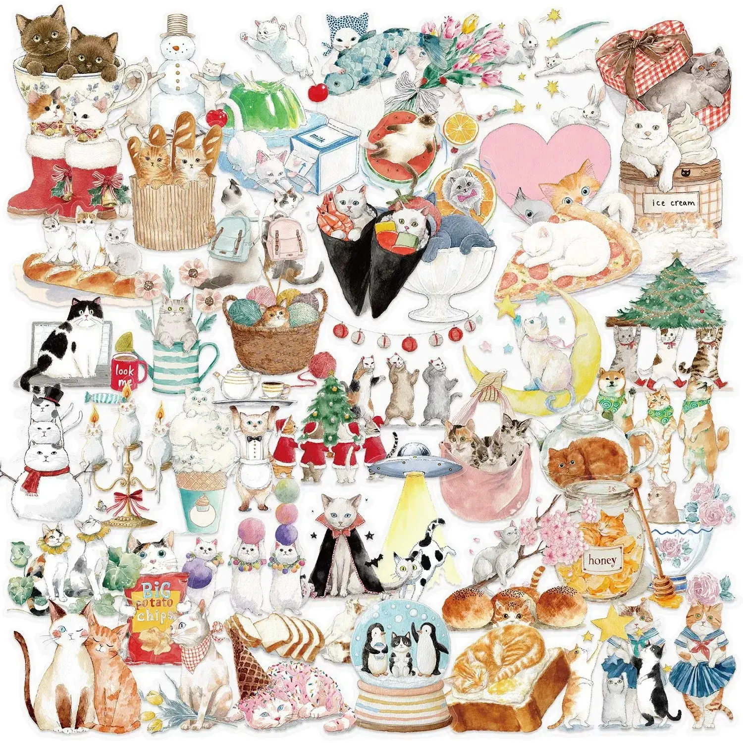 50 Sheets Cartoon Cute Cat Sticker Pack, Waterproof Transparent Pet, Handmade Material Decoration, Guitar Notebook DIY Stickers