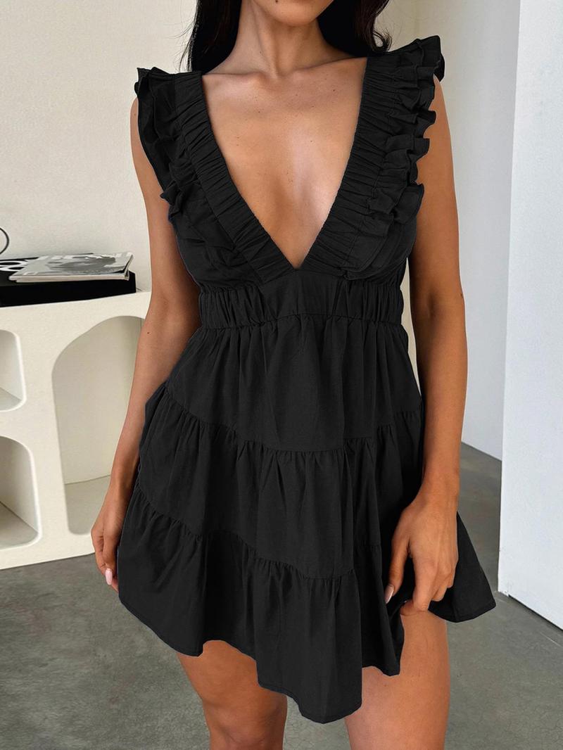 Women's Plain Deep V-Neck Dress, Casual Dress for Summer, Comfy Chic Womenswear for Daily Wear