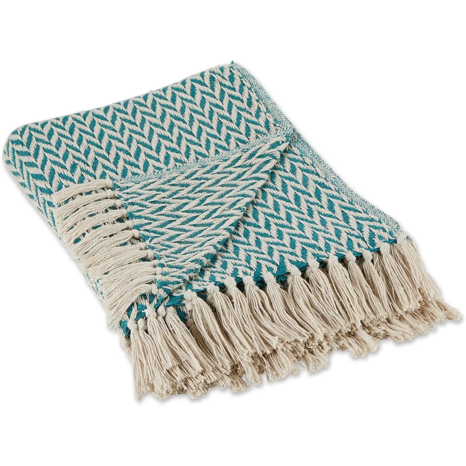 Throw Blanket Woven Cotton, Hand-Knotted 2.5", 50x60, Teal