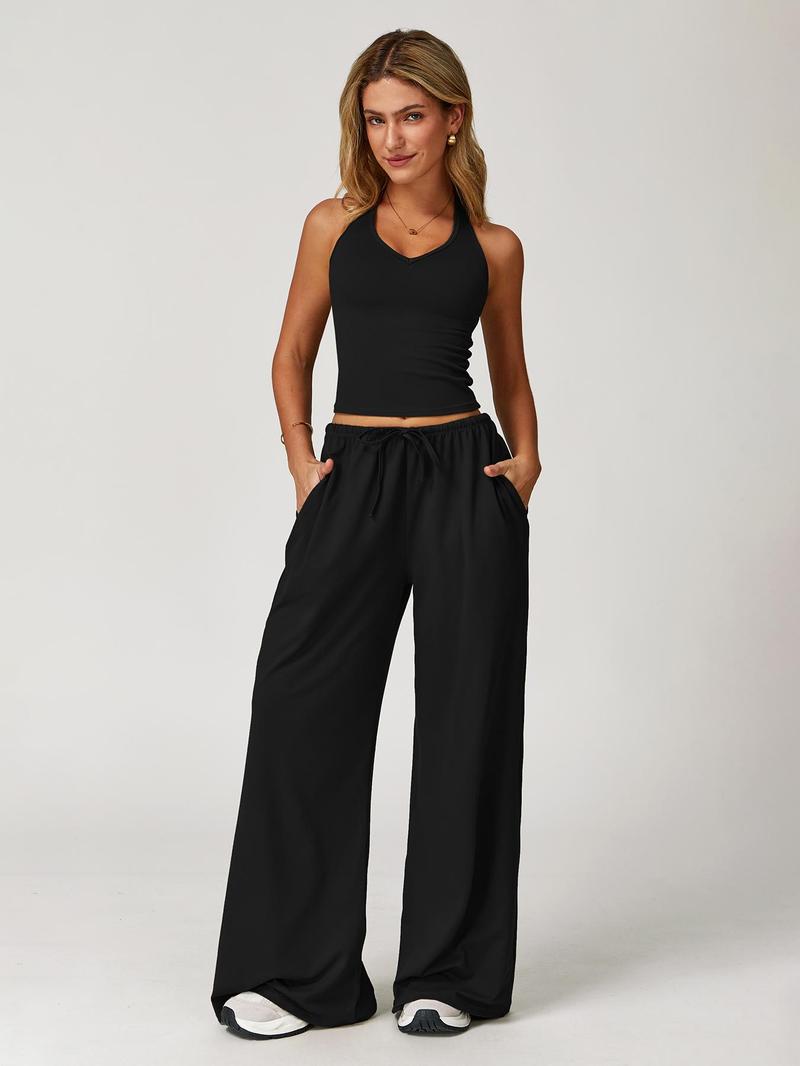Women's Solid Halter Neck Top & Wide Leg Pants Sports Set, Casual Sleeveless Top & Pants for Daily Outdoor Wear, Ladies Sportswear for Tennis Running, Workout Clothes, Sporty Style Outfits Women's Solid Halter Neck Top & Wide Leg Pants Sports Set, Casual Sleeveless Top & Pants for Daily Outdoor Wear, Ladies Sportswear for Tennis Running, Workout Clothes, Sporty Style Outfits