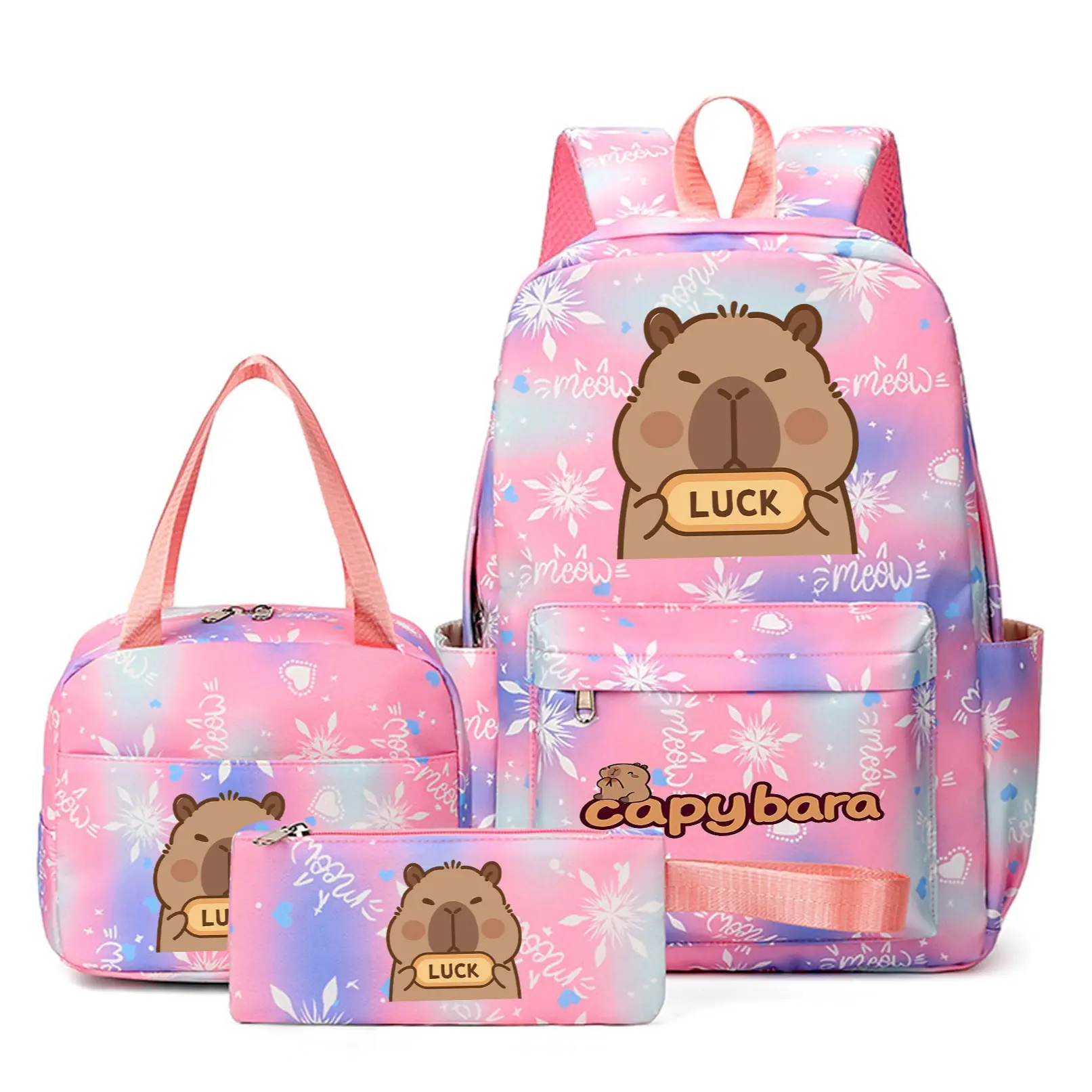 Snowflake Pattern Backpack Set, Cute Capybara Print, School Supplies, Cute Stylish Daypacks, carpincho backpack, Laptop Compartment, Lunch Bag, Pen Case, Adjustable Straps, Gift Idea